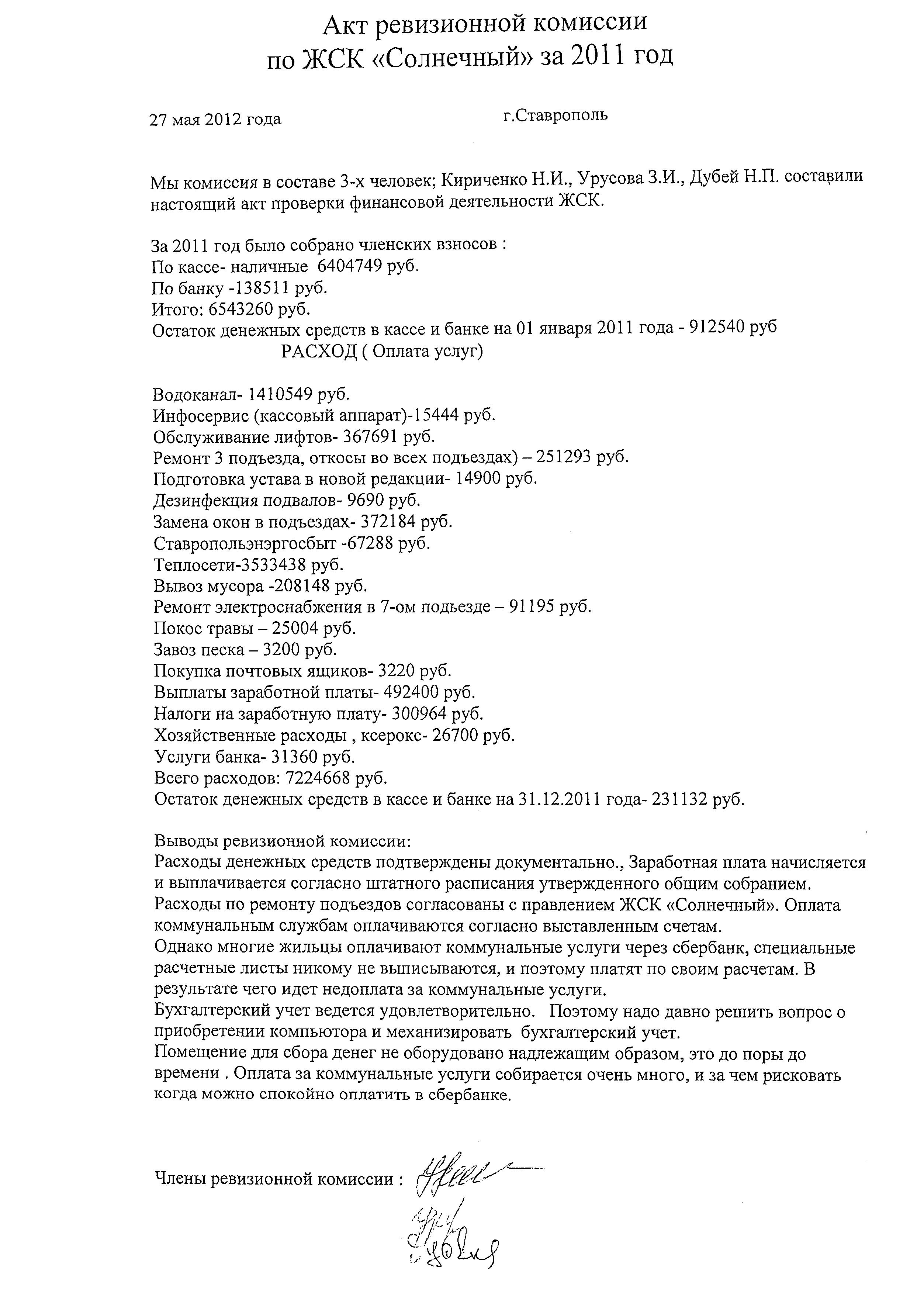 Акт ревизии тсж ревизионной комиссии по итогам года образец